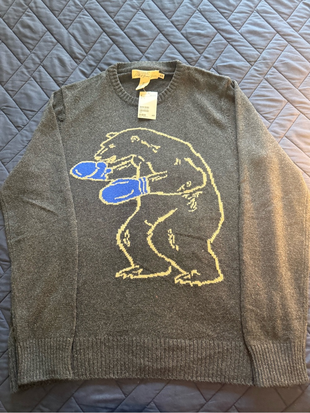 H&M LOGG Boxing Polar Bear Long Knit Tunic Sweater Gray Cotton Wool Blend Sz LG